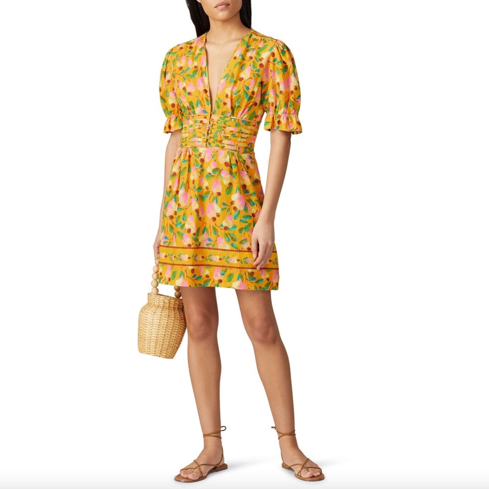Farm Rio Mini Cashew Mini Dress, Size XS, Gold Yellow Floral Linen Viscose Blend